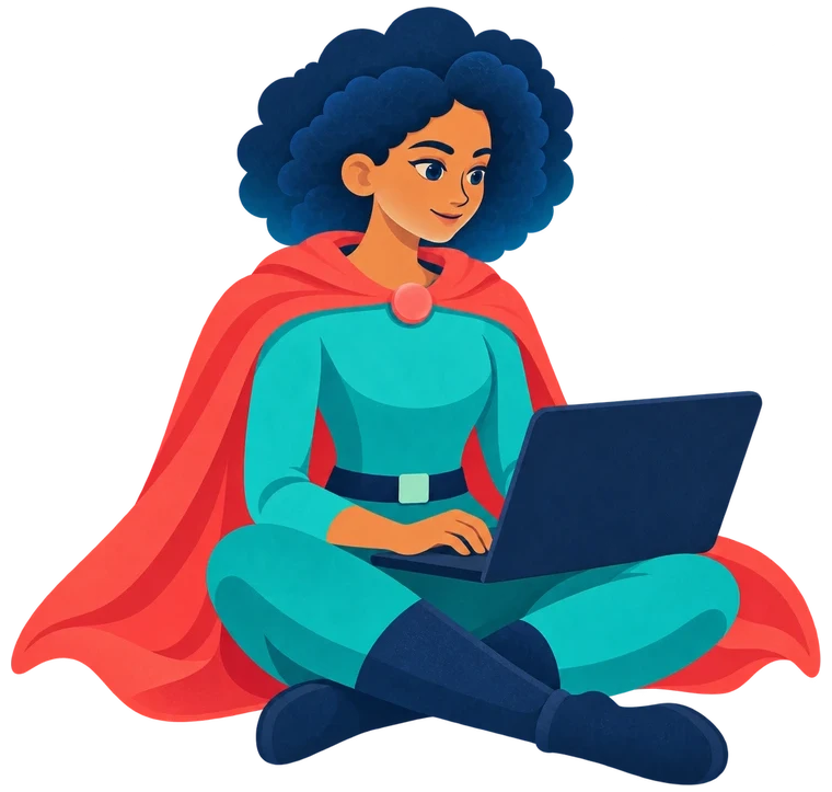 Illustration: the guardian sitting cross-legged, typing on a laptop